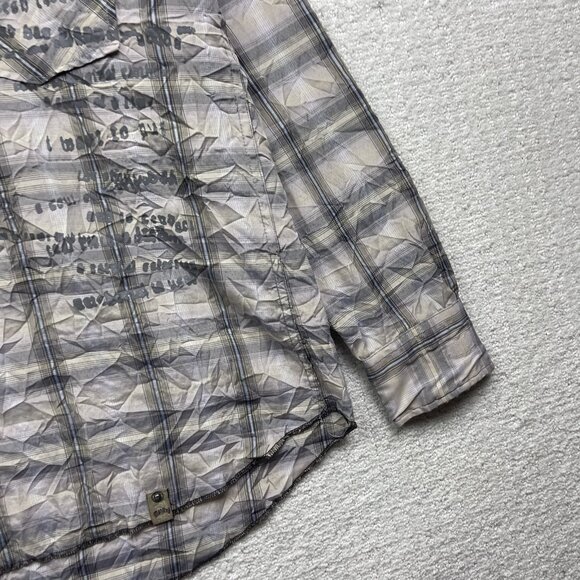 Y2K Manfred Plaid Button Up Shirt Goth Punk Doodle Script Graphic AOP Mens L - Picture 4 of 13